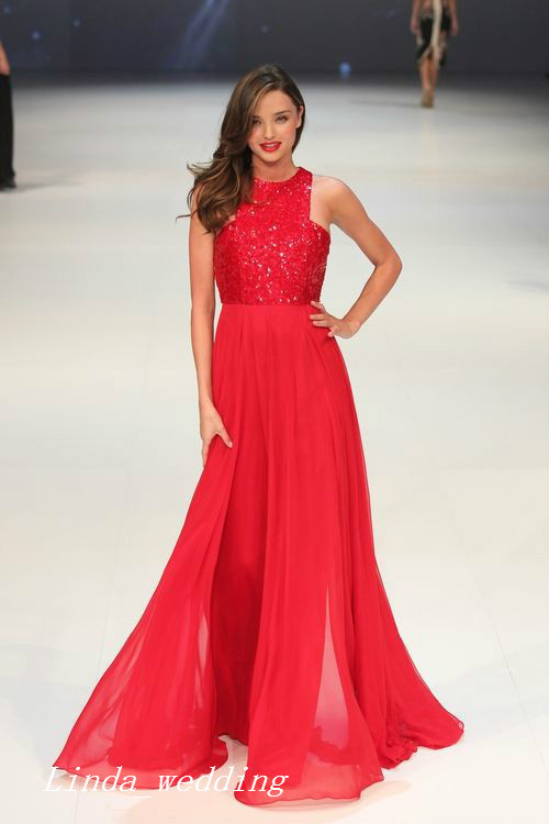 Fashion Miranda Kerr Runway Red Sequins Chiffon Evening Dress Long Prom Dres Celebrity Dress Formal Party Gown