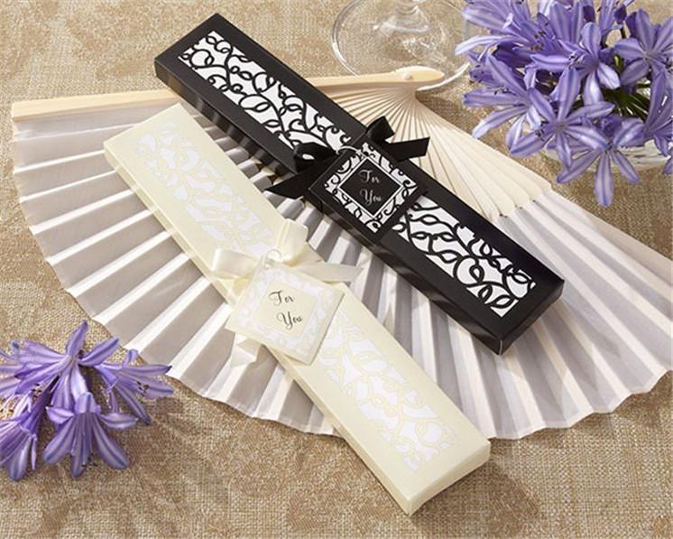 50Pcs Whole Mix Color Personalized PrintingEngrave Logo On Ribs Wooden Bamboo Hand Silk Wedding FansGift Box