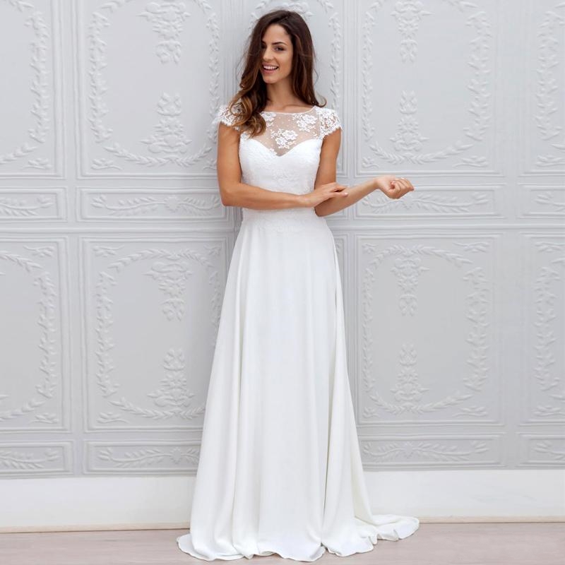 Bohemian White Wedding Dress Lace Chiffon Open Back With Cap Sleeves Sheer Neck Sweep Train Beach Bridal Wedding Gowns