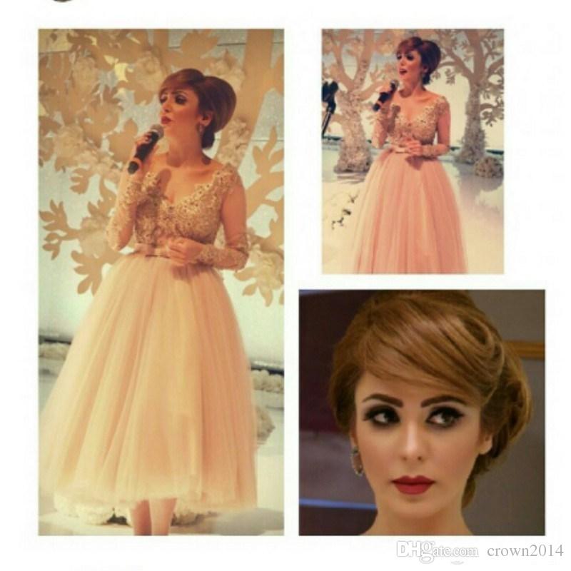 Sheer Lace Long Sleeve Tea Length Evening Dresses with V-neck Beaded Applique Arabic Celebrity Dress Champagne Prom Cocktail Dresses