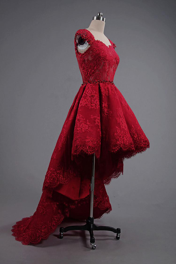 High Low Appliqued Lace Prom Dresses Square Neckline Cap Sleeve Evening Gowns Custom Made Prom Dress