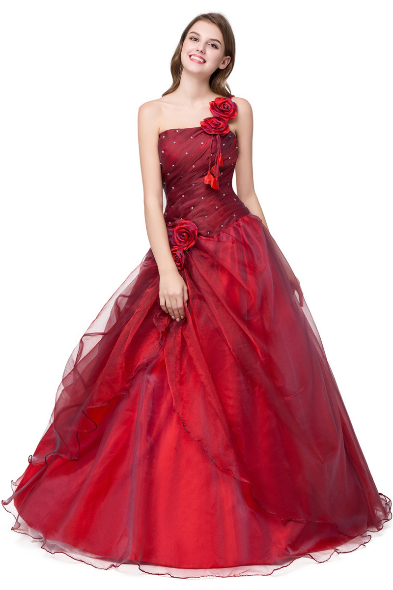 2017 New One-Shoulder Flowers A-Line Quinceanera Dresses with Beading Sequins Organza Plus Size Sweet 16 Dress Vestido Debutante Gowns BQ48
