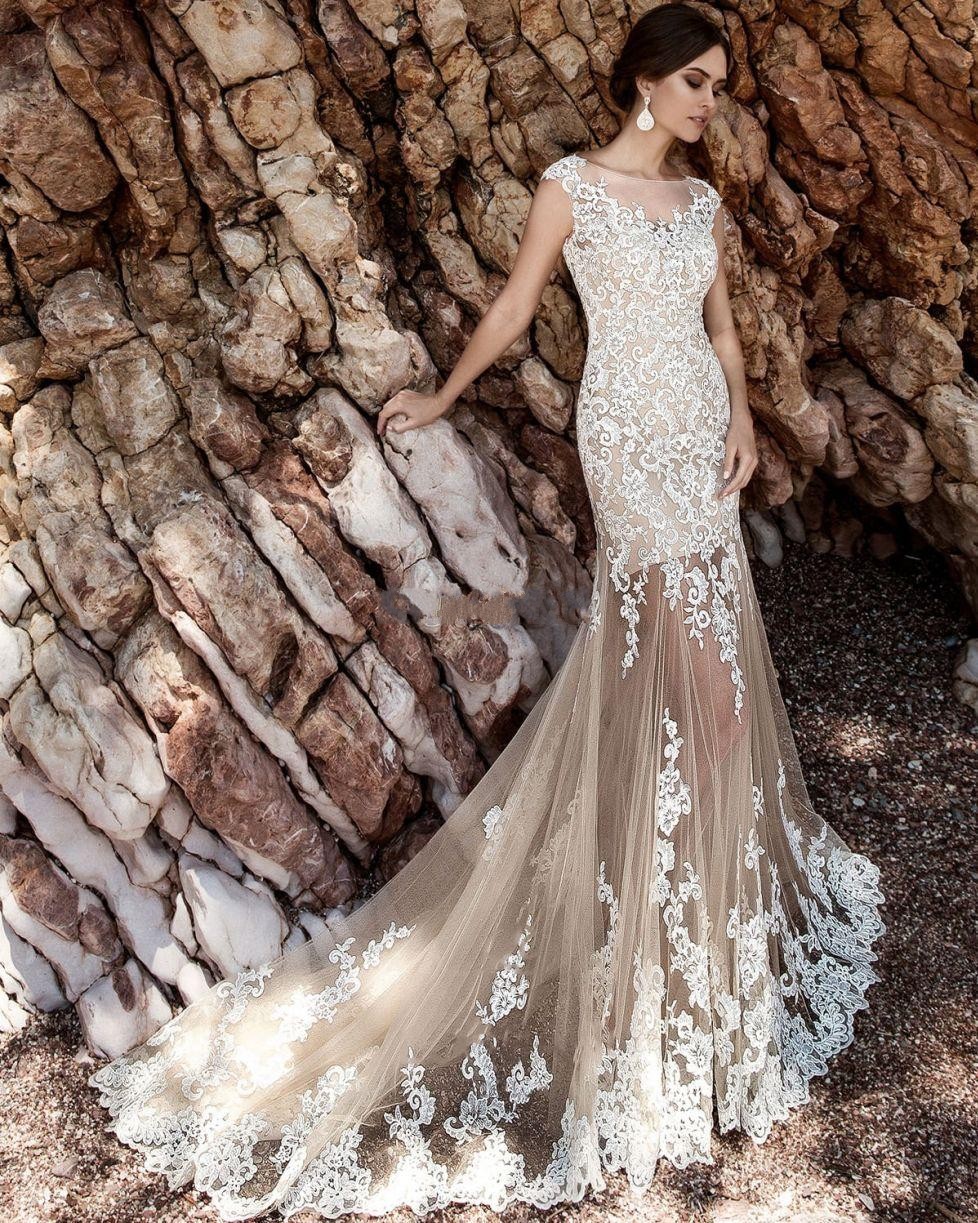 Champagne Full Lace Dresses Over Skirts Tulle See Through Vintage Appliqued Sash Detachable Train Boho Bridal Wedding Gowns