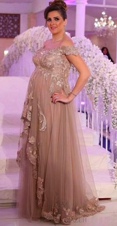 Champagne Maternity Evening Dresses 2023 Custom Made Elegant Lace Applique A line Tulle Off the Shoulder Prom Dress Floor Length Party Gown