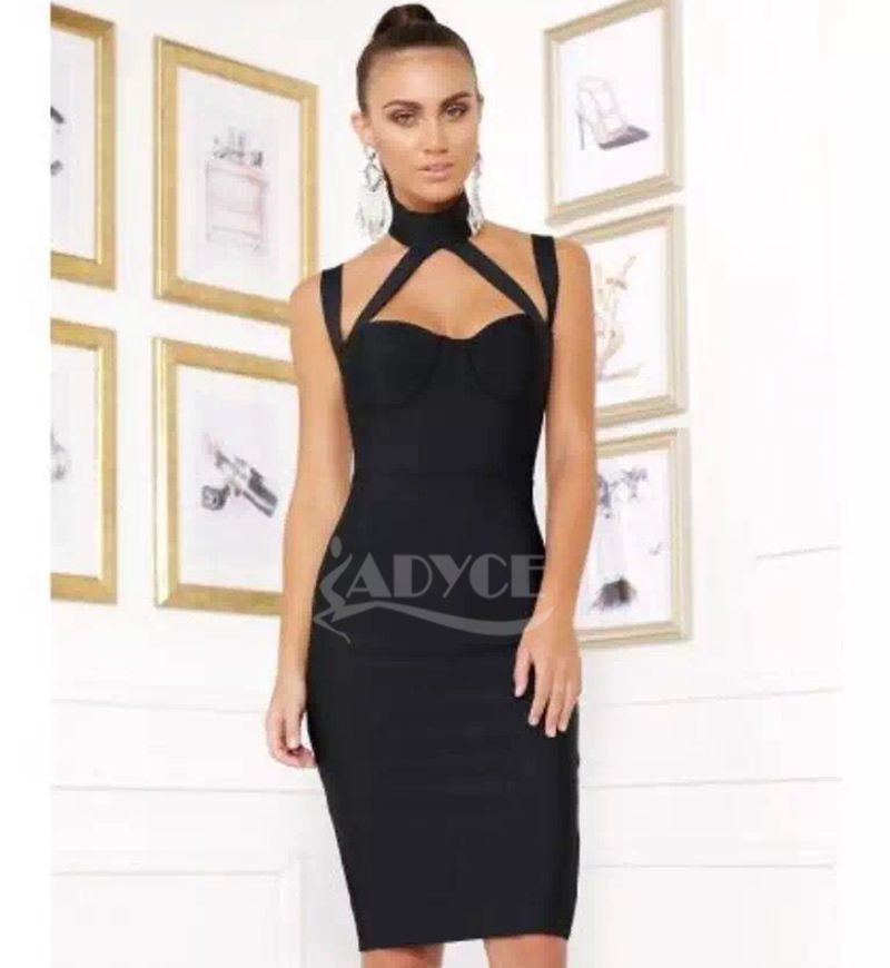 new women sexy black bodycon dress strap midi split on back women sexy evening party knee length bandage Dress wholesale