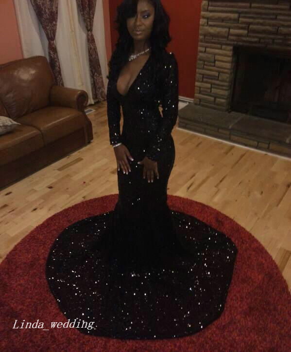 2019 Black Sequined Prom Dress High Quality Long Sleeves Special Occasion Dress Formal Evening Party Dress