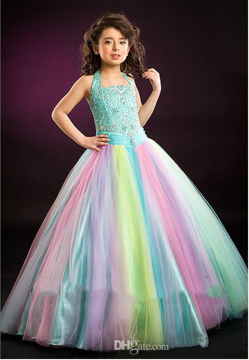 Rainbow Glitz Girls Pageant Dresses Halter Neck Crystal Sleeveless Kids Ball Gowns Floor Length Teens Prom Dress