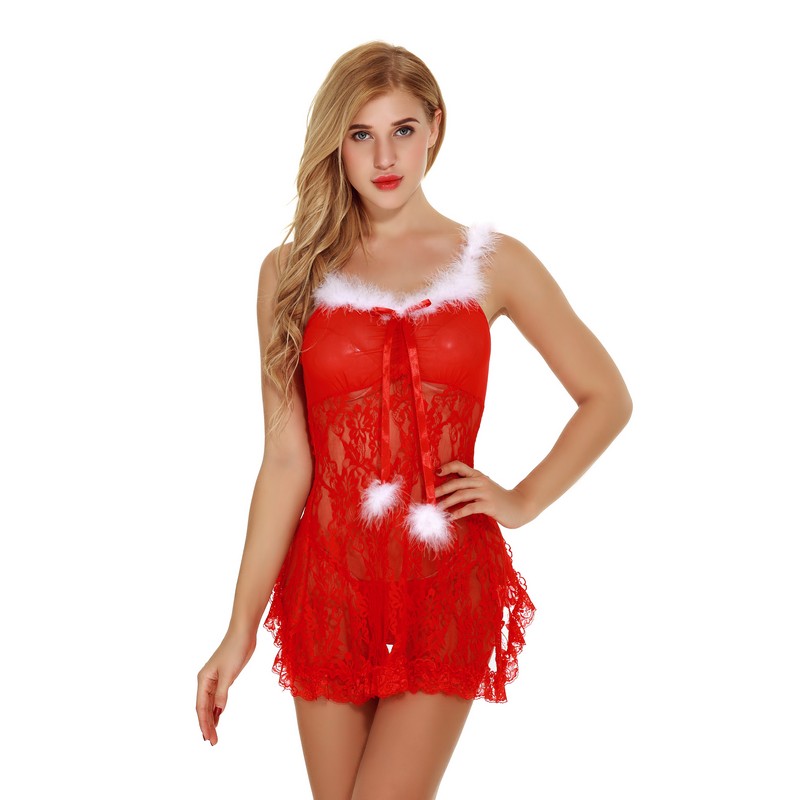 Christmas Holiday Sweet Santa White Fuzzy Fur Trim Red Babydoll w Panty Set Women Sexy Intimate Apparel Lingerie Sheer Lacy Sleepwear Dress