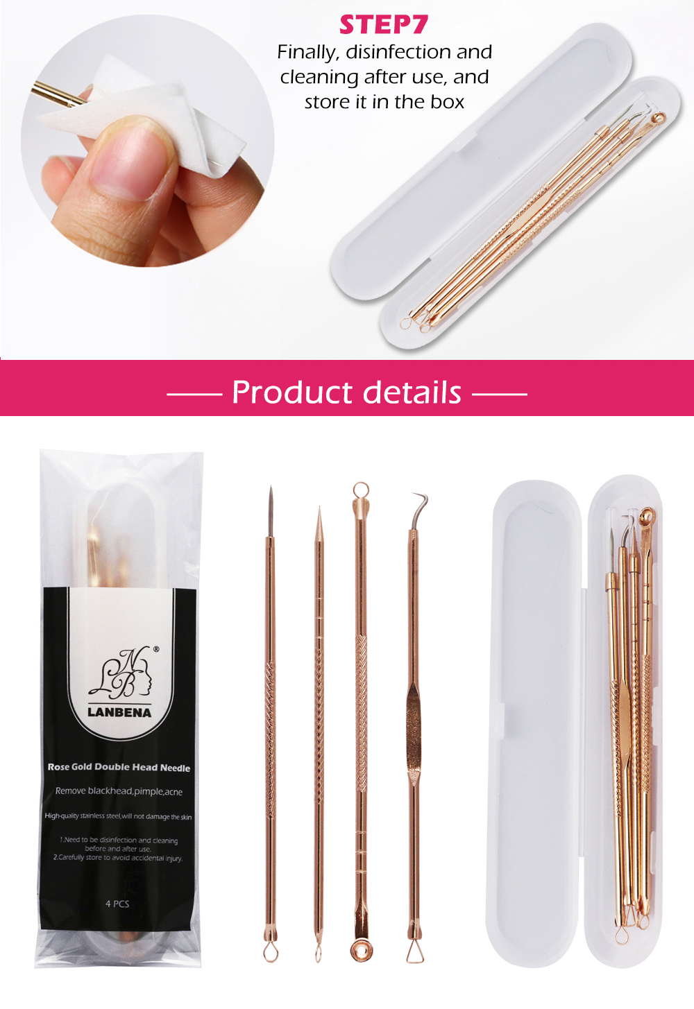 Skin Cleaning 4PCS Rose Gold Pimple Needle Blackhead Remover Acne Treatment Black Extractor