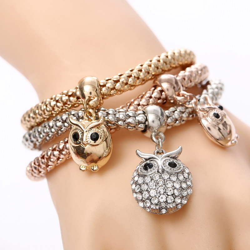 Wholesale-Fashion 3Pcs/set Crystal Bead Bracelet Women Gold Plated Crystal Owl Bangles Jewellery Elastic Charm Gifts pulseira feminina