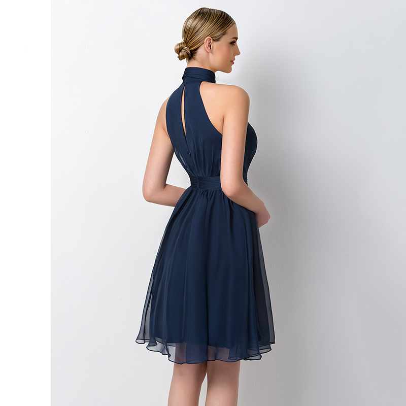 Navy Blue Short Bridesmaid Dress High Neck Chiffon Maid of Honor Dress For Junior Wedding Party Gown