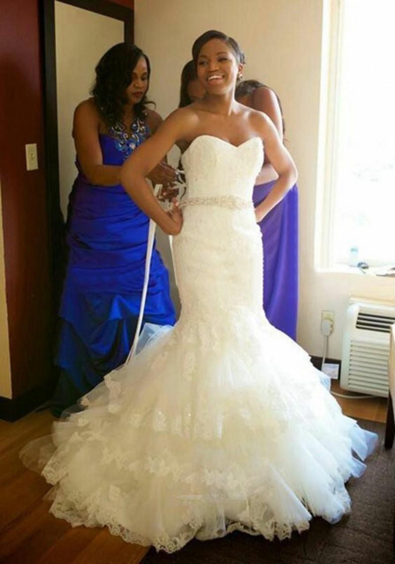 New African Mermaid Wedding Dresses Plus Size Lace Appliques Crystal Beaded Belt Court Train Gowns Ruffles Tiered Bridal Dress