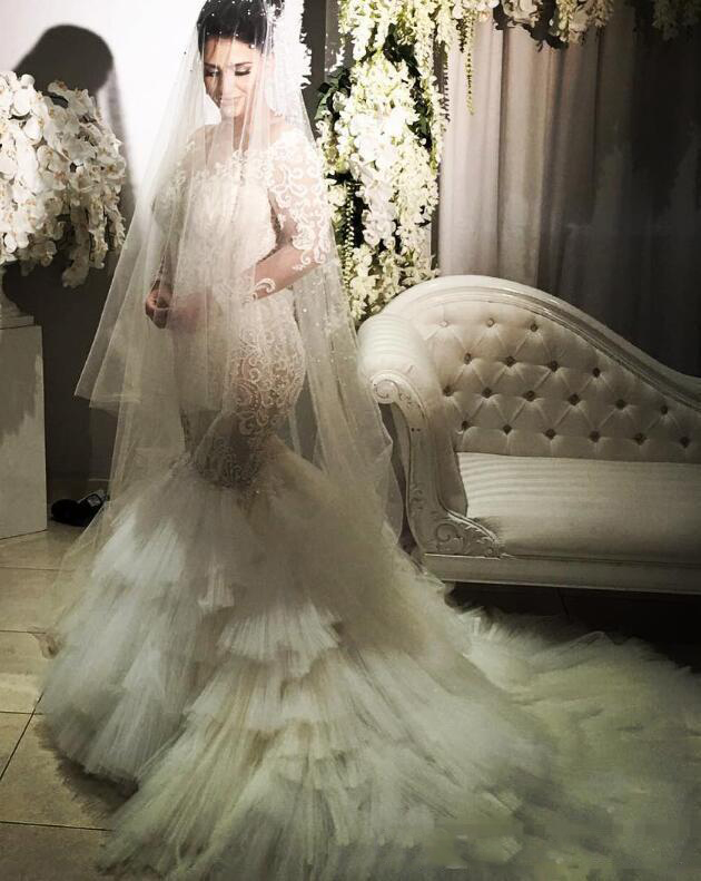 Illusion Jewel Neck Wedding Gown Applique Long Sleeve Covered Button Tulle Tiered Mermaid Bridal Dress Charming Chapel Train Vestido De Novi
