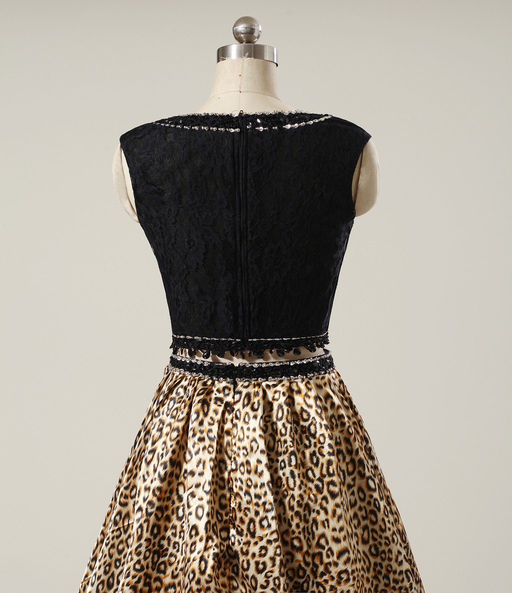 Long Leopard Grain Lace Two Piece A-Line Prom Dresses Scoop Beaded Pageant Formal Evening Party Gown