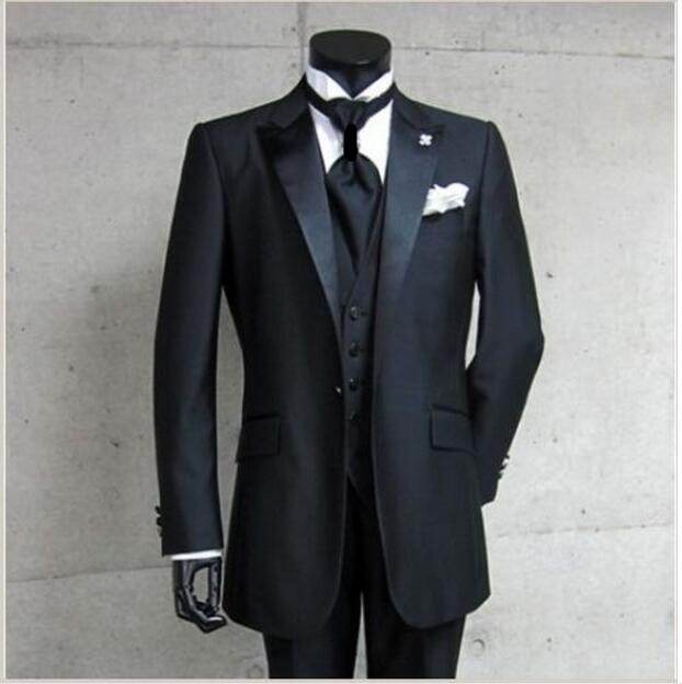 New Design One Button Black Groom Tuxedos Groomsmen Best Man Suits Mens Wedding Blazer Suits (Jacket+Pants+Vest+Tie) NO:588