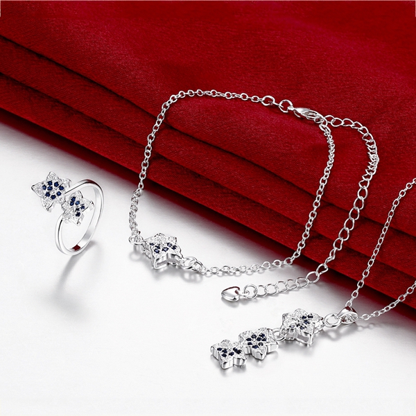 Christmas gift fashion 925 silver necklace bracelet Leaves jewelry sets STSS031A sterling silver blue gemstone rings fit women wedding