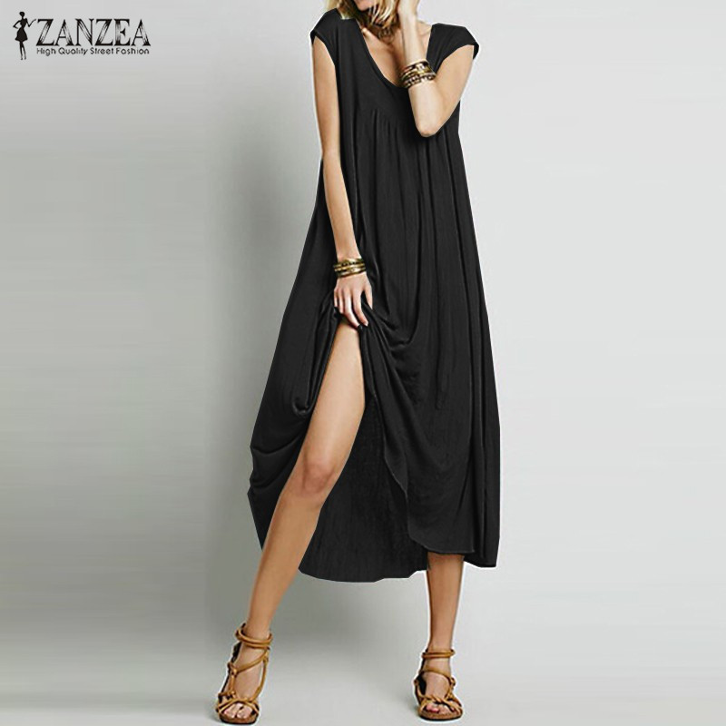 Wholesale- ZANZEA Fashion 2017 Women Dress Sleeveless Cotton Long Maxi Party Dresses Casual Loose Beach Vestidos Plus Size S-5XL