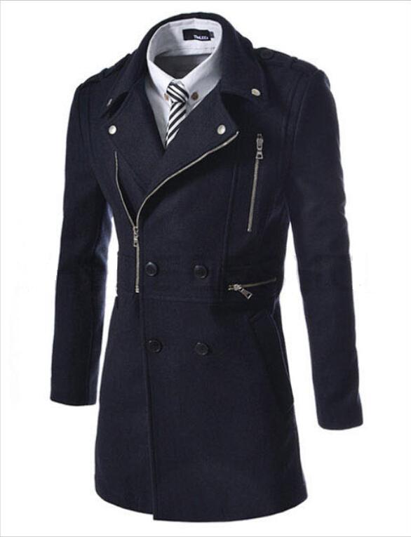2016 Fashion New Long Trench Coat Men Zipper Double Breasted Decoration Slim Fit Pea Coat Winter Trenchcoat Jacket