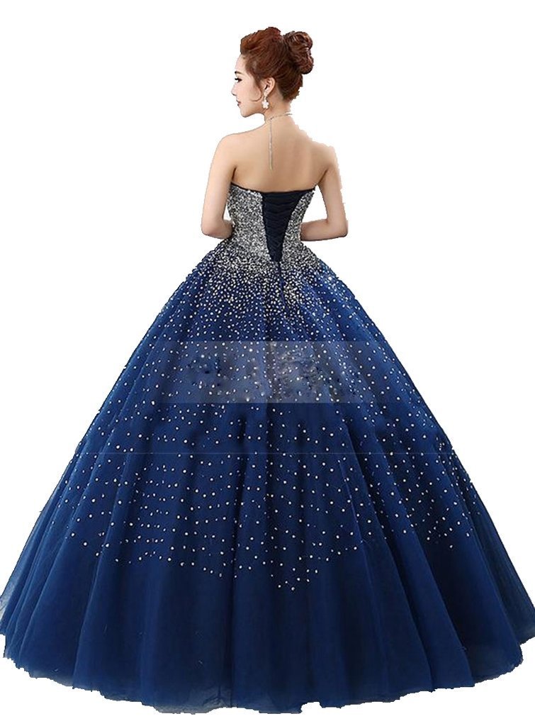 2021 Elegant Blue Beads Quinceanera Dresses Beaded Crystals Sequin Floor Length Sweet 16 Years Prom Pageant Gown Q57