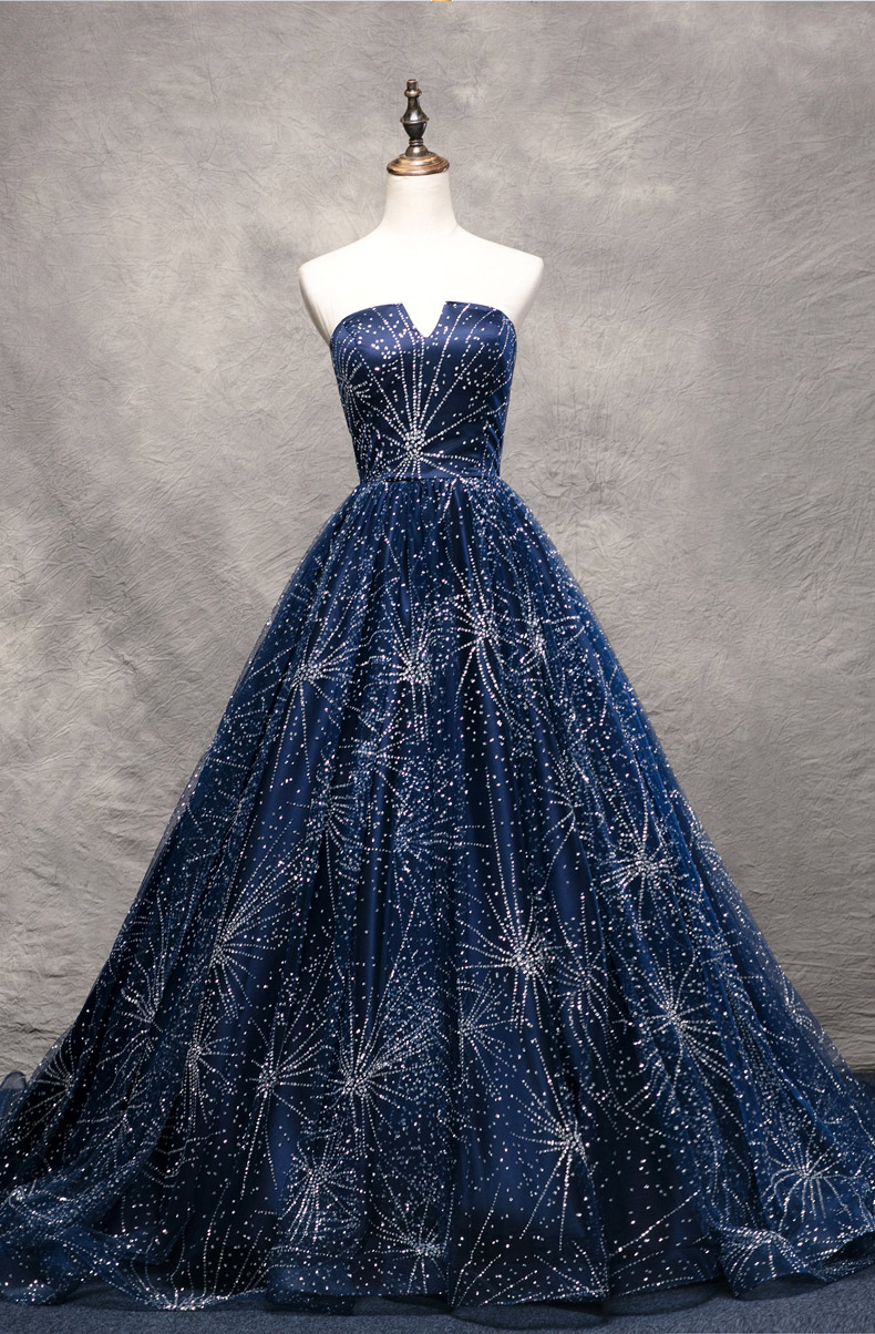 Stunning Navy Blue Ball Gown Prom Dresses COurt train Starpless Sparkling Beading Long Evening Gowns Lace-up/Zipper Back Runway Dress