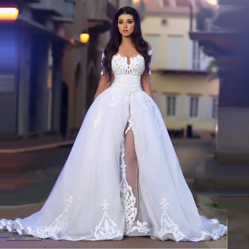 Simple A Line Wedding Dresses Arabic Lace Appliques Illusion Long Sleeves Bridal Gowns Front Split Tulle Sweep Train Wedding Vestidos, Pink
Simple A Line Wedding Dresses Arabic Lace Appliques Illusion Long Sleeves Bridal Gowns Front Split Tulle Sweep Train Wedding Vestidos, Pink