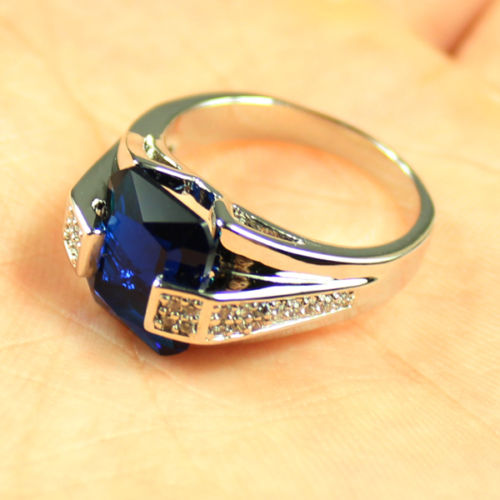 Sterg Sier Wedding Band: Blue Sapphire & Simulated Dia, Size 8-13