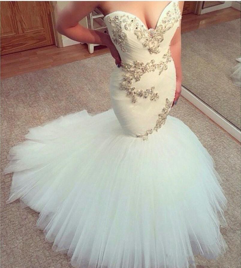 2016 Hot Sweetheart Arrival Wedding Dresses Long Mermaid Neckline Crystal Beads Trumpet Tulle Court Train Plus Size Formal Bridal Gowns, Gold
2016 Hot Sweetheart Arrival Wedding Dresses Long Mermaid Neckline Crystal Beads Trumpet Tulle Court Train Plus Size Formal Bridal Gowns, Gold