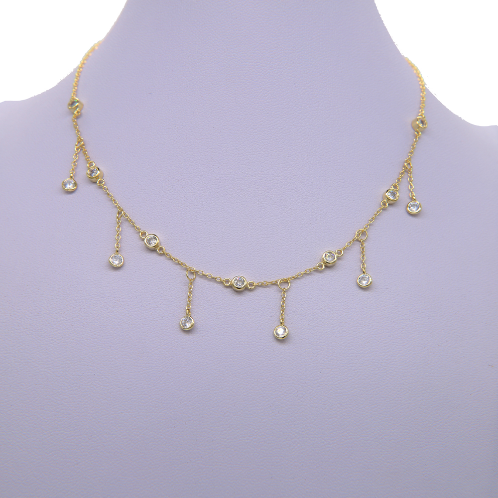 luxury fine 925 sterling silver gold plated cz station tassel chain choker statement cz women necklace