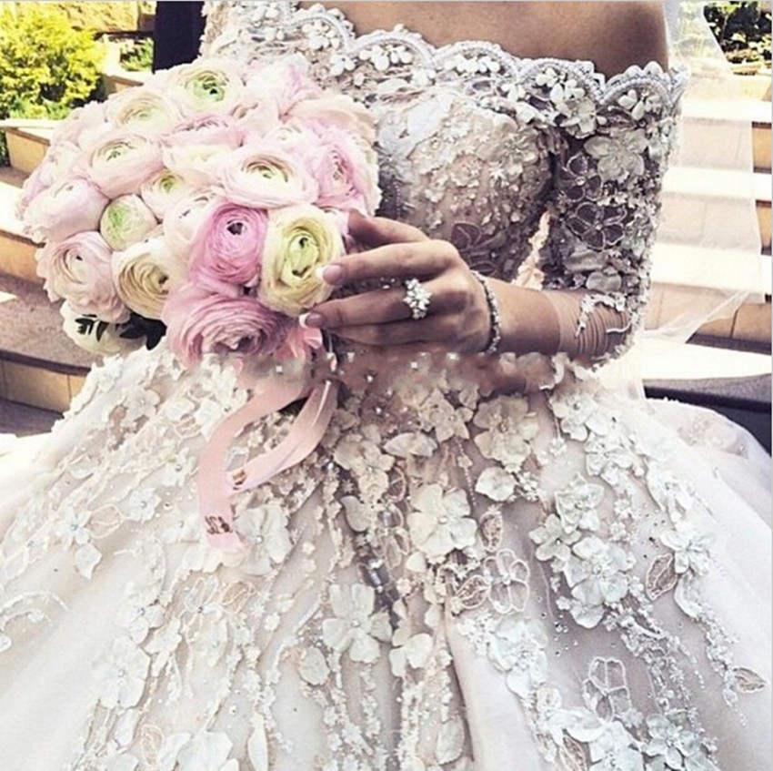 2019 Arabic Blush Lace Gowns Applique Cathedral Train Gorgeous Wedding Dresses Vestido De Noiva Long Sleeve Bridal Dress 0510