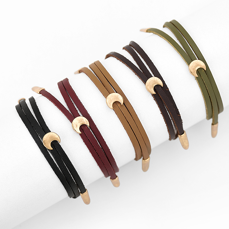 Wholesale- Women New Double Layer PU Leather Bracelets Vintage Worn Gold Zinc Alloy Moon Pendant Adjustable Charm Bangles Jewelry Female