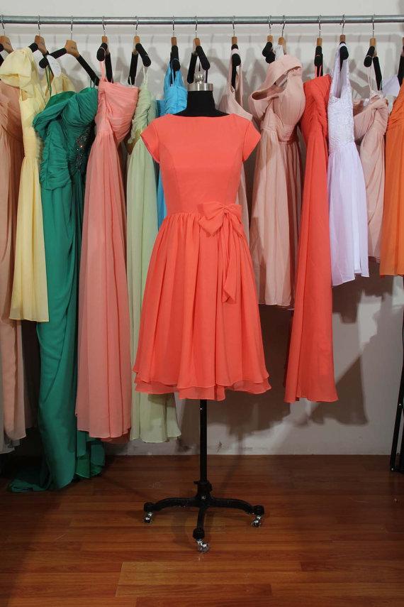 Coral Chiffon Bridesmaid Dress Knee Length Cap Sleeves Real Photo Short Formal Wedding Evening Wear Maid Of Honor Dresses Plus