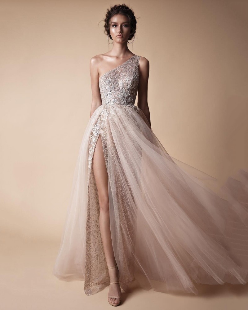 Berta A Line Prom Dresses Evening Wear Free Shipping One Shoulder Sequined Shiny Evening Gowns High Split Custom Made Formal Prom Dresses