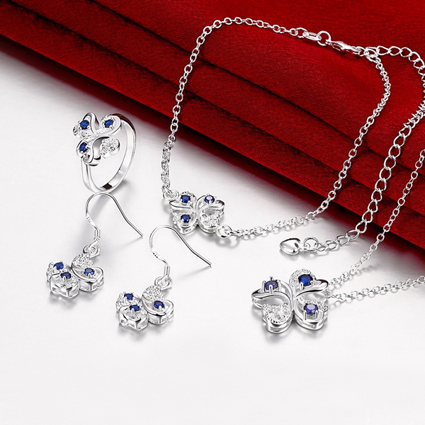 Fashion 925 silver Four Leaf Flower necklace bracelet earring ring a famliy of four jewelry sets STSS034B sterling silver purple gemstone