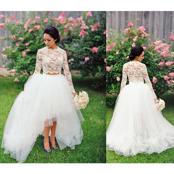 Custom Made Lace Ball Gown Wedding Dresses High Low Tulle Long Sleeves Bridal Gowns Two Pieces Jewel Neck Vestido De Noiva 2016, White
Custom Made Lace Ball Gown Wedding Dresses High Low Tulle Long Sleeves Bridal Gowns Two Pieces Jewel Neck Vestido De Noiva 2016, White