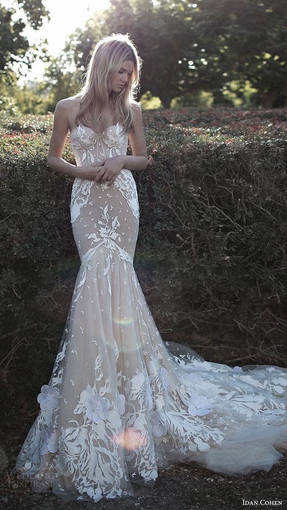 Idan Cohen Lace Wedding Dresses Mermaid Nude Trumpet Sweep Train Sweetheart Neckline Appliqued Bridal Gowns With Wraps