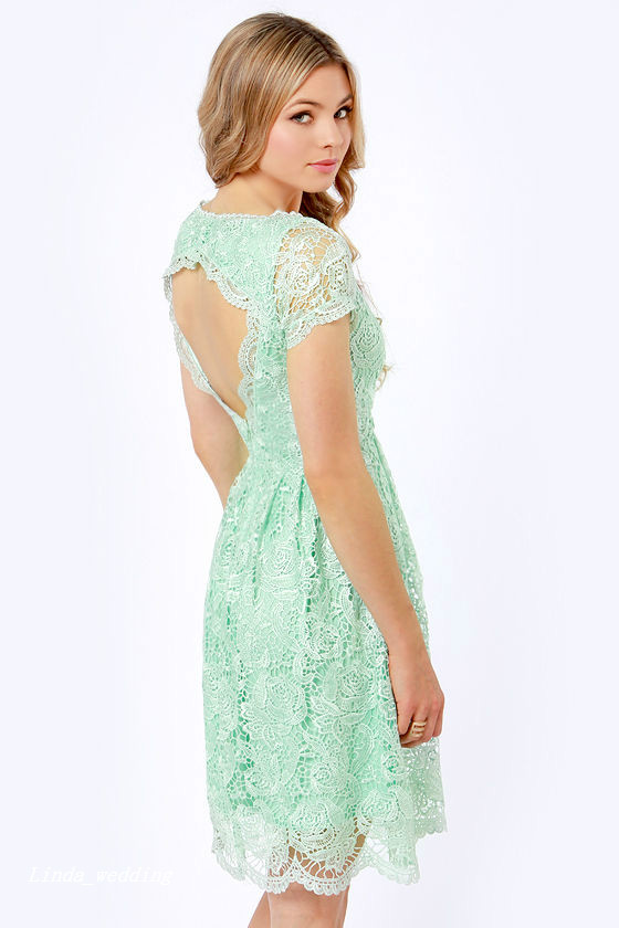 High Quality Mint Green Lace Cocktail Dress Backless Knee Length Short Party Prom and Homecoming Dress Bridesmaid Dress