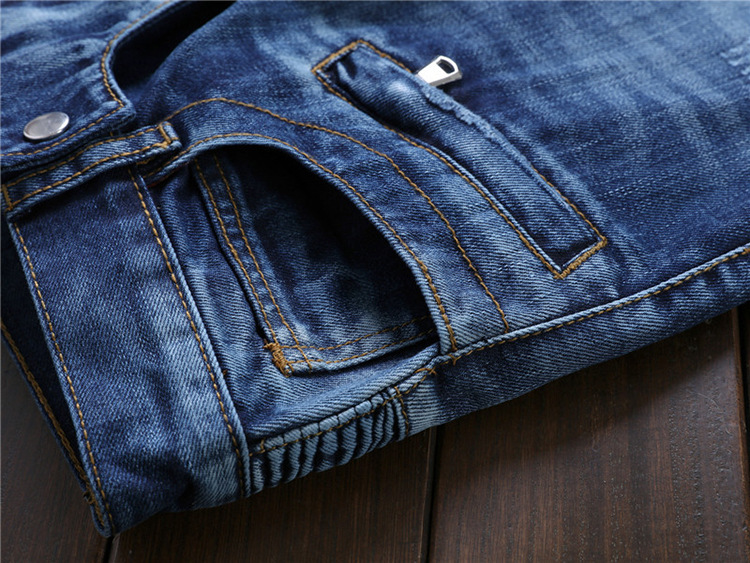 Men Fold Runway Stretch Jeans, Washed Acid Biker Slim Jeans Men Plus 4 Colors Size 28-38