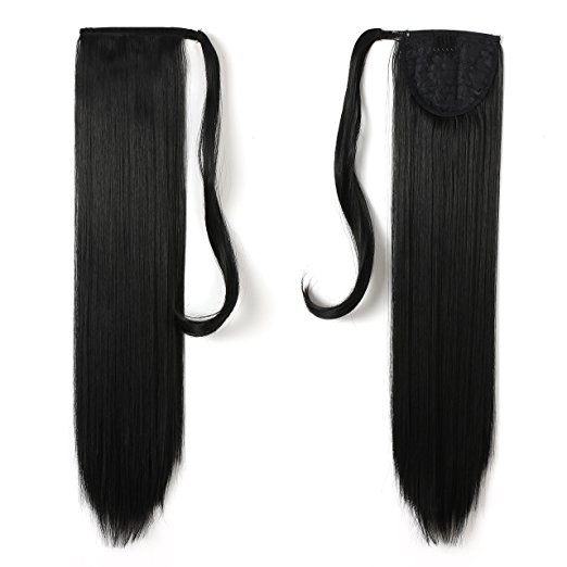 24''Long Straight Ponytail Clip In Kinky Pony Tail Hair Extension Wrap Around Pony tail Hair Pieces Straight Human Hair Ponytail