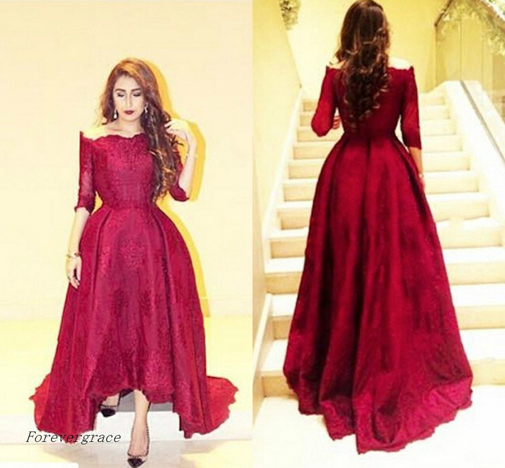 Wine Red Long Evening Dress Dubai Kaftan With Seeves Dress Formal Event Gown Plus Size robe de soire vestido de festa longo