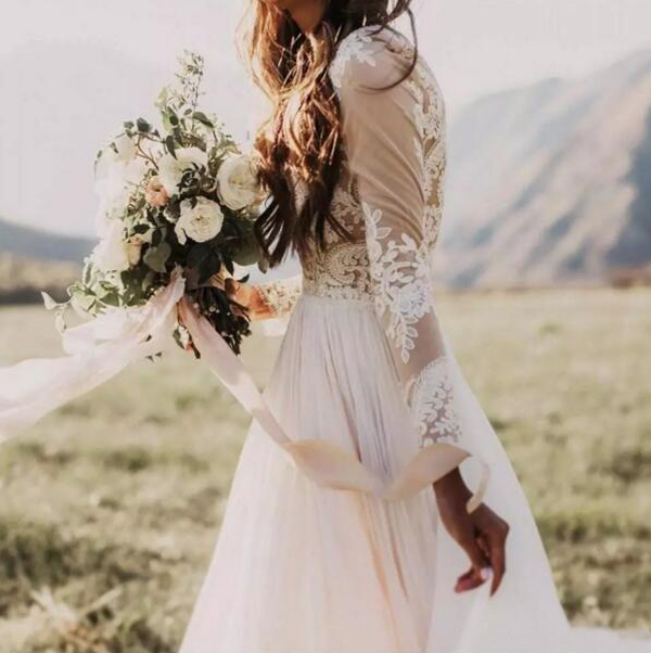 Bohemian Country Wedding Dresses With Sheer Long Sleeves 2017 Bateau Neck A Line Lace Applique Chiffon Boho Bridal Gowns Cheap EN9161
