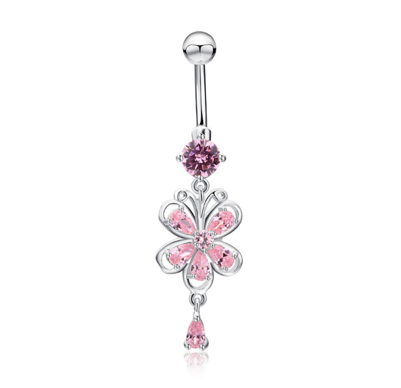 Factory Supply White Gold Plated Cubic Zircon Flower Body Piercing Belly Ring for Girls Women for Belly Dance