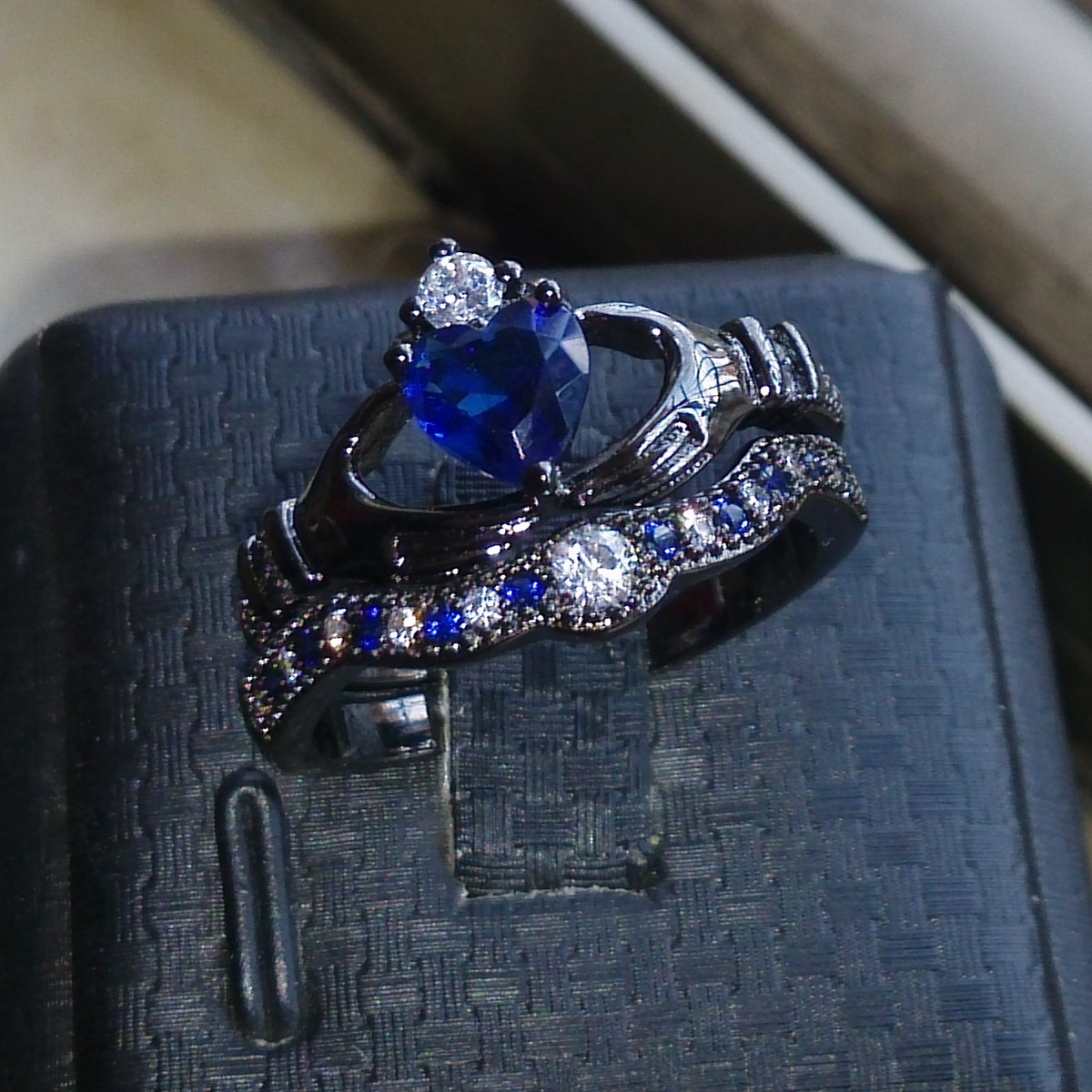 Heart Jewelry Sterg Sier Black Gold Plated Blue Sapphire CZ Dia Bridal Ring Size 5-11