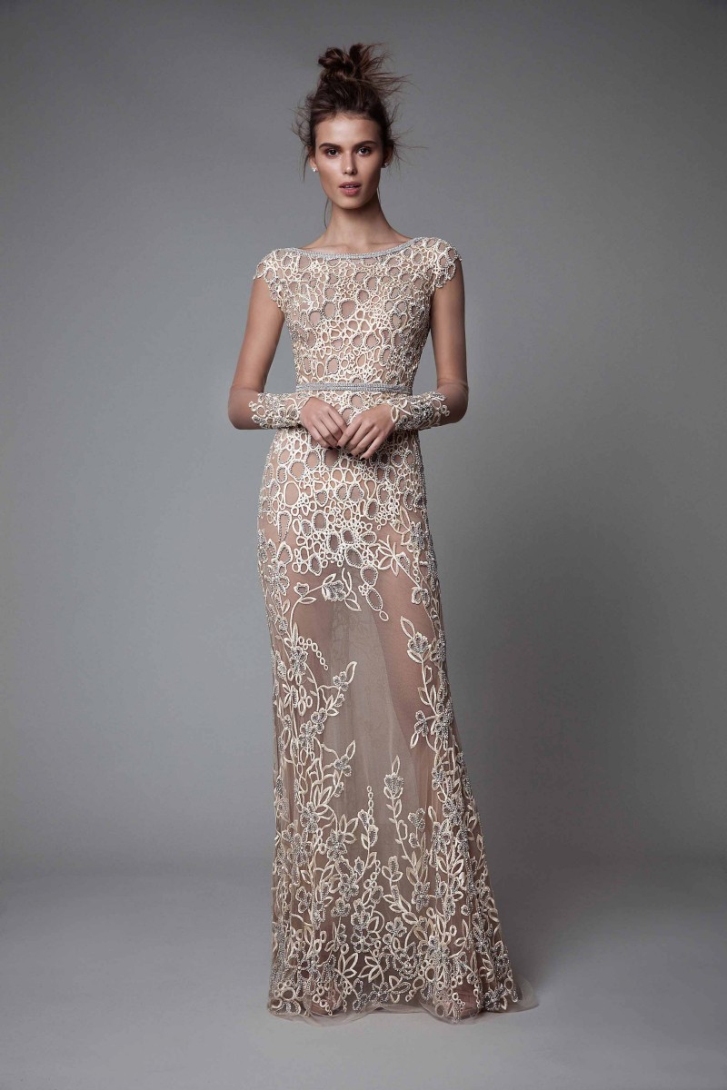 Sexy Illusion Dresses Evening Wear Bateau Neckline Mermaid Backless Evening Gowns Floor Length Appliqued Lace Formal Dress