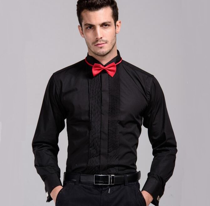Wholesale-Mens Wedding Shirt With Bowtie 2016 New Long Sleeve Dress Shirts French Cuff Male Red Shirt Free Shipping