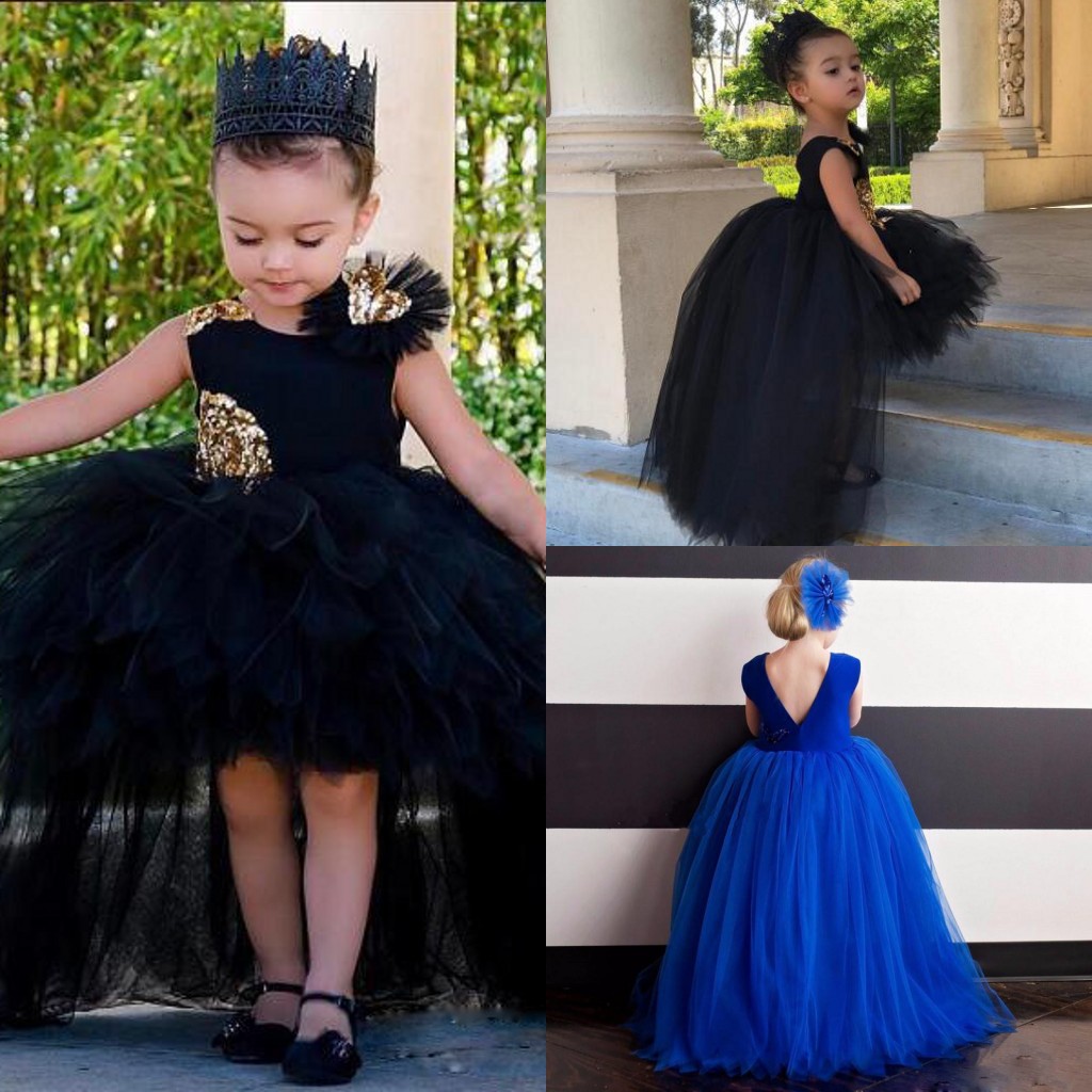 Cute Black Hi Lo Girls Pageant Dresses with Sequin Appliques Fluffy Skirts First Communion Gowns Custom Made Ball Gown Flower Girls Dresses