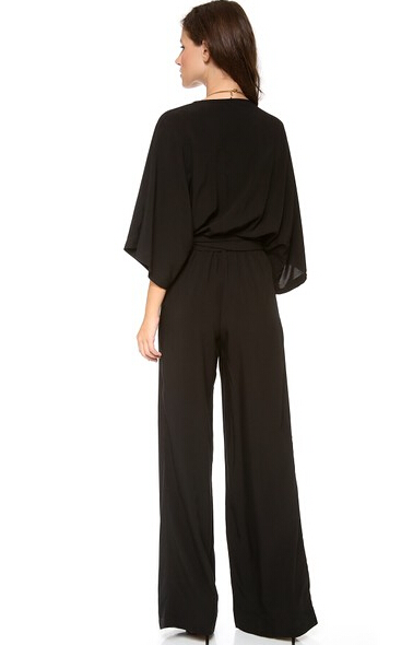 Simple 2016 Latest Black Chiffon Jumpsuit Evening Wear Cheap Deep V Neck 3/4 Long Sleeve Bow Sash Pants Suit Custom Made EN5162
