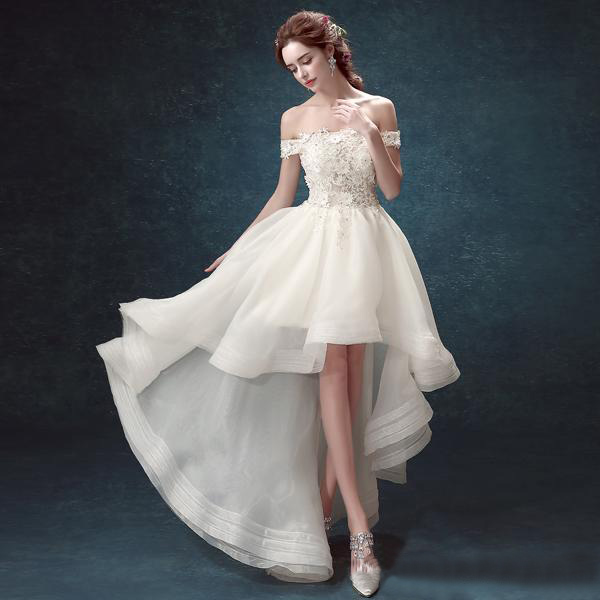 Modest 2016 New Arrivals High Low Wedding Dresses A-line Sexy Off Shoulder Lace Organza Beach Bridal Gowns Custom Made China EN6276