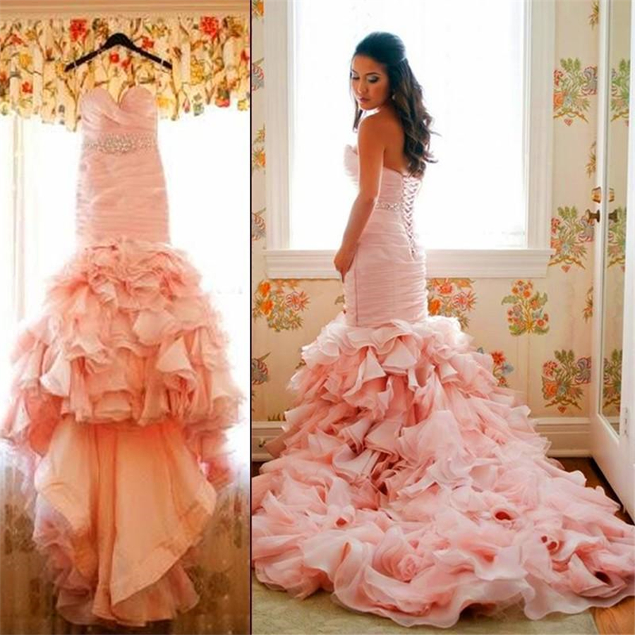 Romantic Ruffles Sweethheart Lace-up Back Spring Brides Gowns Shiny Crystals Sash Glamorous Blush Pink Organza Mermaid Wedding Dresses
Romantic Ruffles Sweethheart Lace-up Back Spring Brides Gowns Shiny Crystals Sash Glamorous Blush Pink Organza Mermaid Wedding Dresses