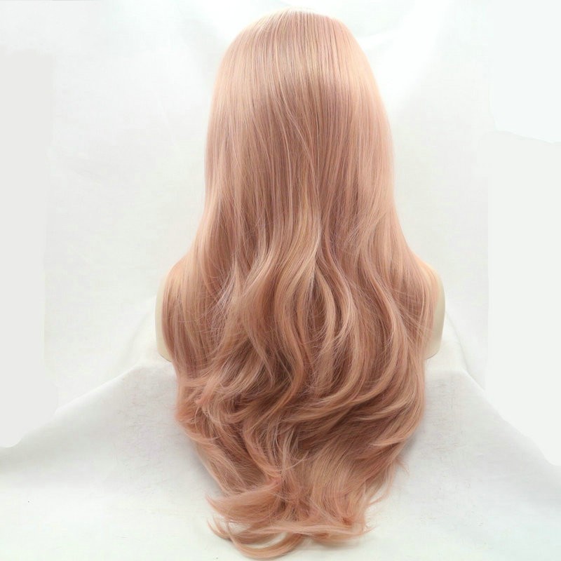 Free shipping Fashion natural wave hair rose gold color pink heat resistant fiber glueless long for womens synthetic lace front wig