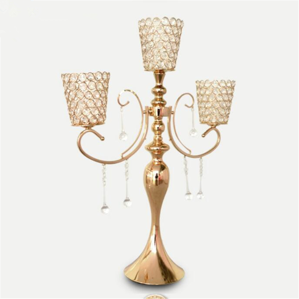 65cm height 5-arms metal Gold candelabras with pendants sumptuous wedding table candle holder home decoration 10 pcs/lot